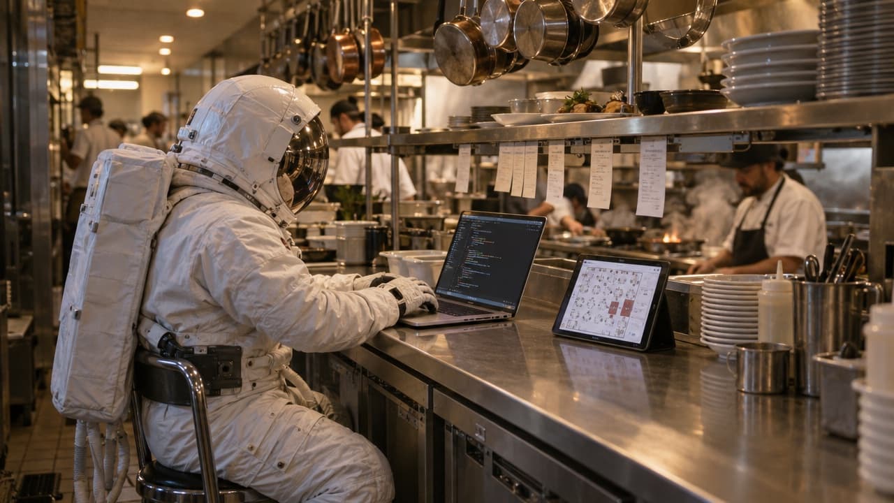 Astronaut im Raumanzug arbeitet an einem Laptop in einer Restaurantküche