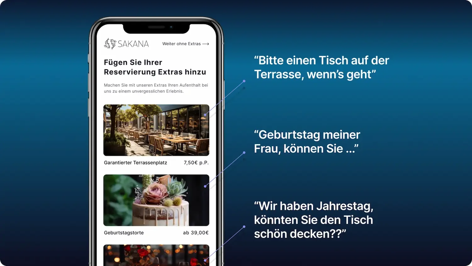Buchungsweg mit Extras wie garantiertem Terrassenplatz und Geburtstagstorte, daneben typische Gästewünsche als Zitate