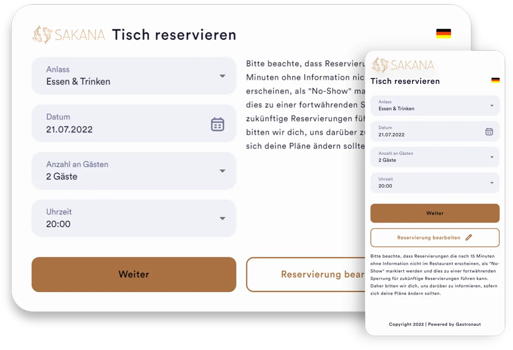Reservierungs-Widget eines Restaurants mit Auswahl von Anlass, Datum, Personenzahl und Uhrzeit