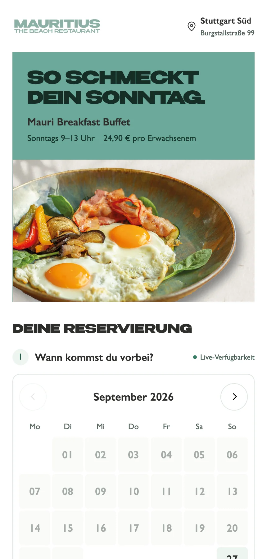 Original-Buchungsseite von Mauritius Stuttgart Süd mit Frühstücksangebot und Terminauswahl