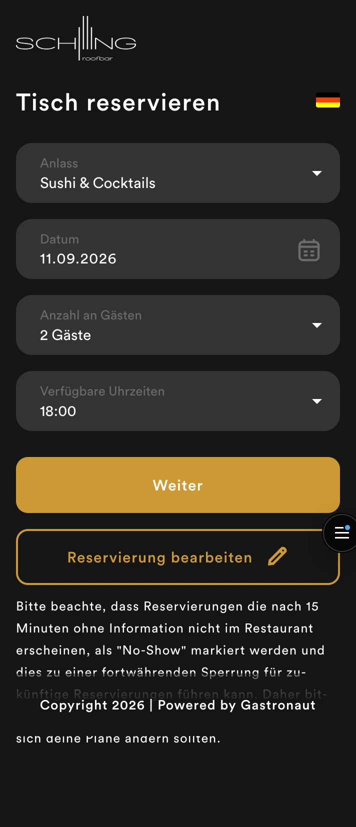Original-Buchungsseite der Schilling Roofbar im eigenen schwarzen und goldenen Branding