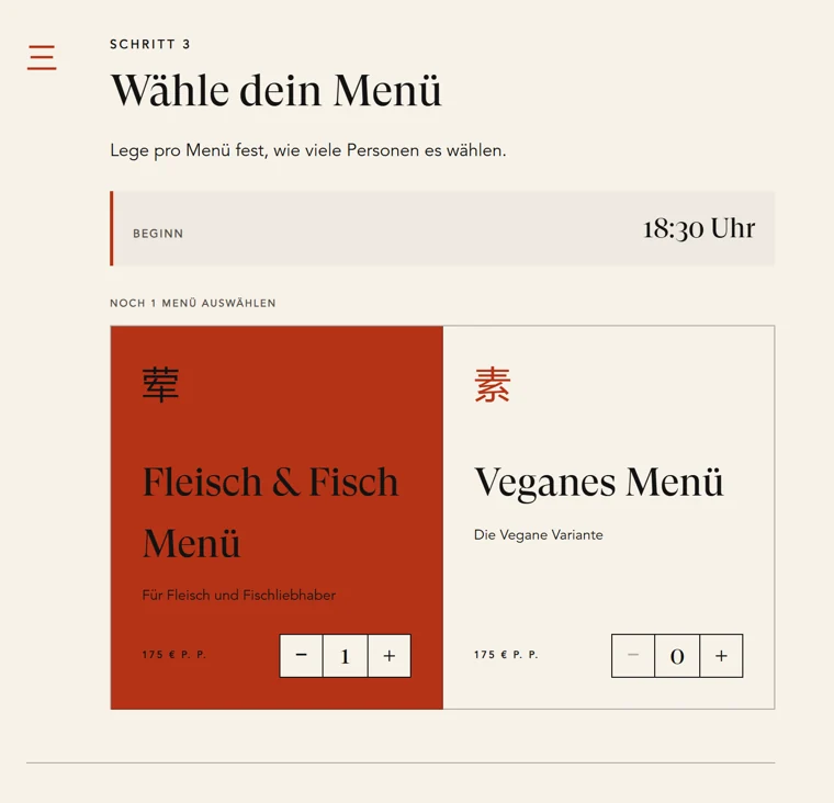 Buchungsweg von Stories: Gäste legen fest, wie viele Personen das Fleisch- und Fisch-Menü oder das vegane Menü wählen
