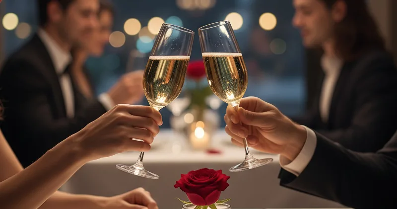 Zwei Gläser Sekt beim Anstoßen am gedeckten Tisch