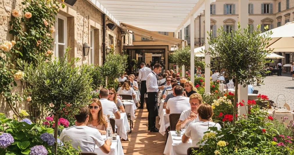 Voll besetzte Restaurantterrasse mit Pflanzen