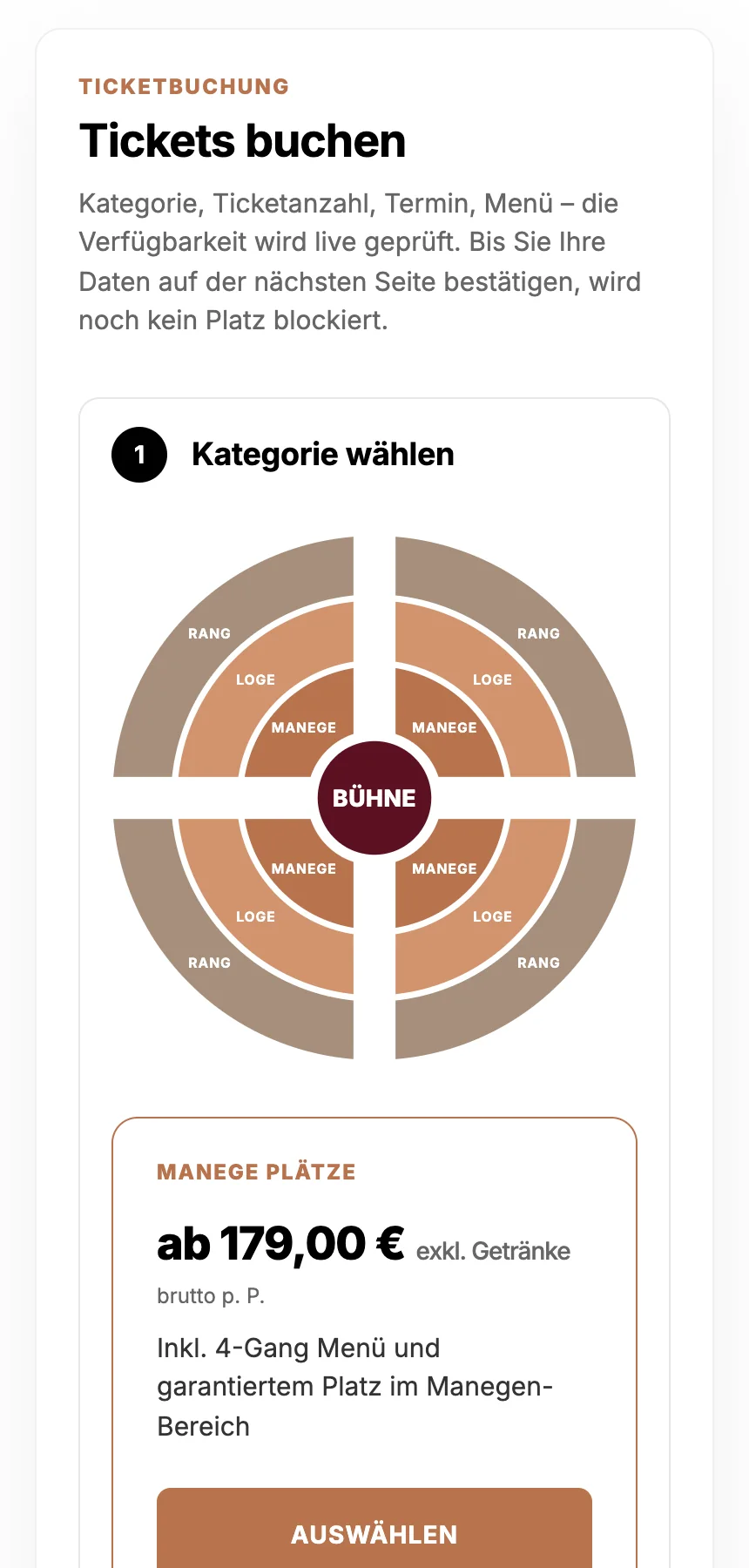 Ticketbuchung des Fächer-Palasts: Kategorie im Saalplan wählen, darunter Manege-Plätze mit 4-Gang-Menü