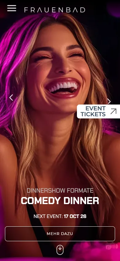 Website des Frauenbads auf dem Handy mit Comedy Dinner und Eventtickets