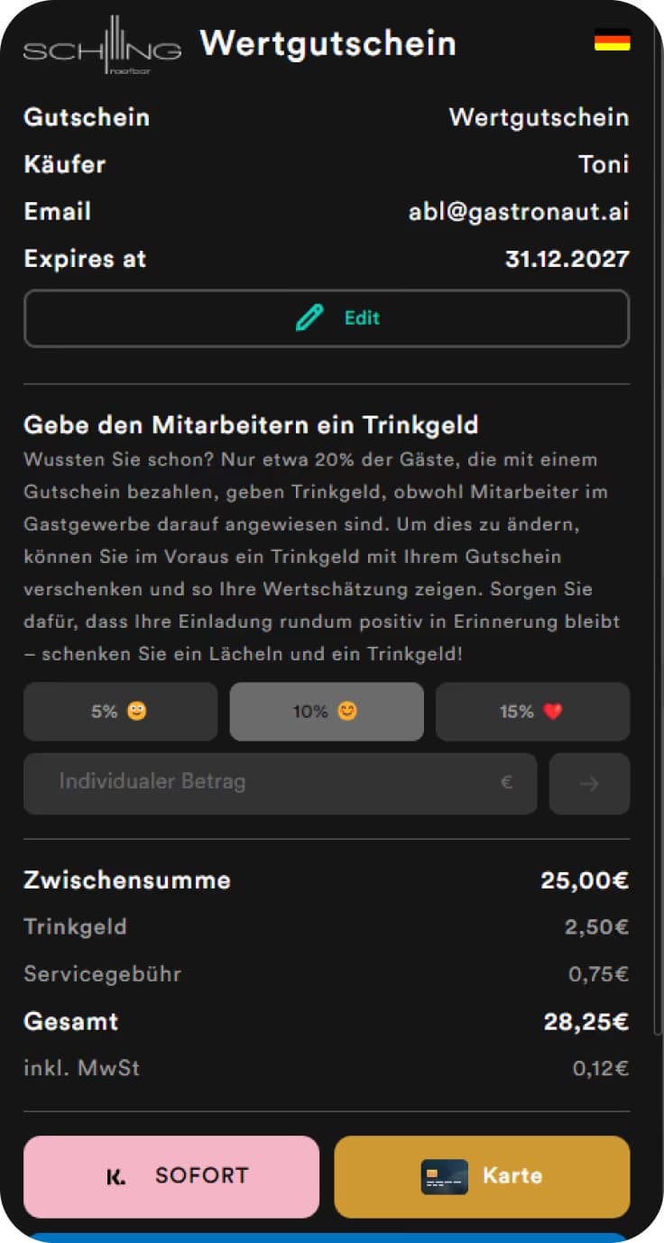 Gutschein-Checkout der Schilling Roofbar mit Trinkgeldauswahl von 5, 10 oder 15 Prozent