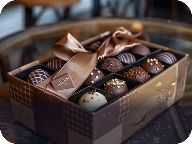 Geschenkbox mit Pralinen und Schleife